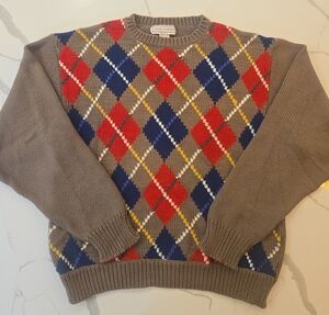 Vintage Mens 100% Cotton Diamond Plaid Argyle Crewneck Sweater Large Brown